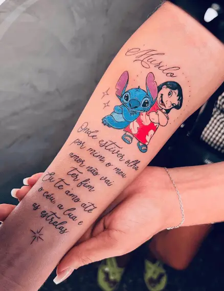 Lilo and Stitch with a Quote Tattoo