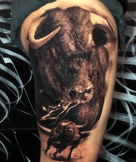 Naturalistic Black and Grey Bull Tattoo