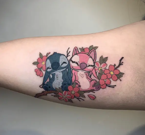Stitch and Angel with Pink Florals Tattoo