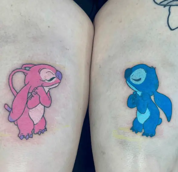Stitch and Angel Colored Thigh Tattoo
