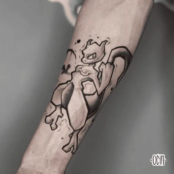 Grayscale Mewtwo Specie Forearm Tattoo