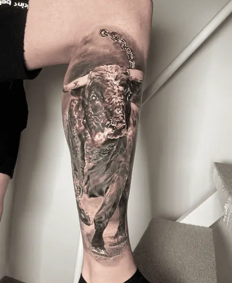 Greyish Bull Leg Tattoo