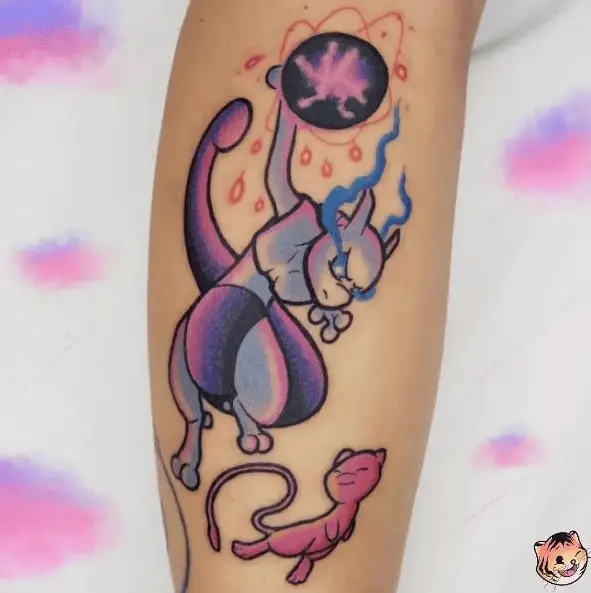 Pink and Purple Mewtwo and Mew Tattoo