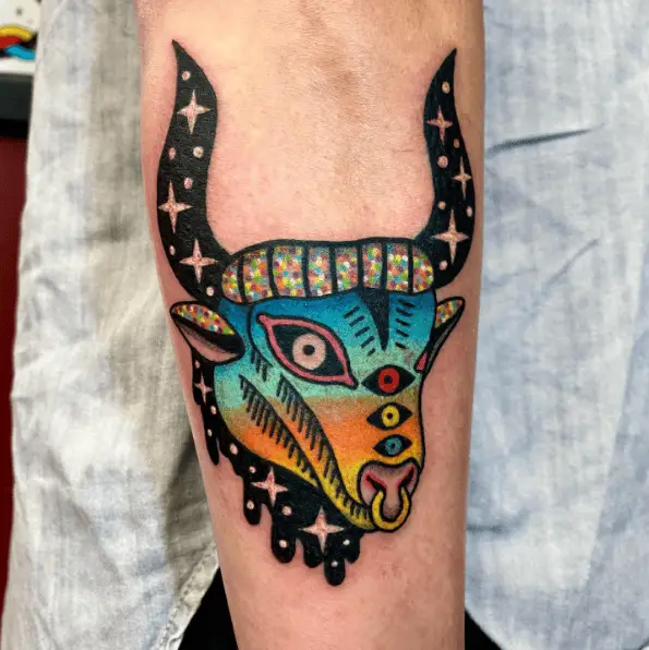 Multicolored Taurus Bull Tattoo
