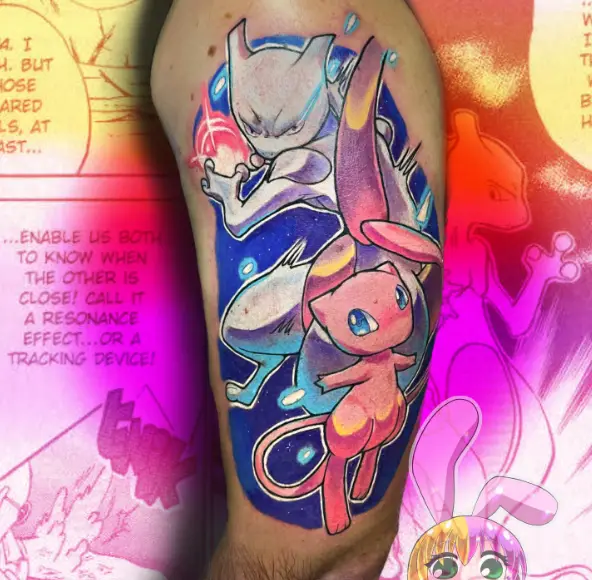 Neon Colored Theme Mewtwo and Mew Tattoo
