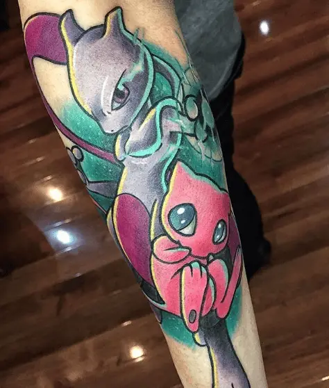 Purple, Pink and Neon Blue Mew and Mewtwo Tattoo