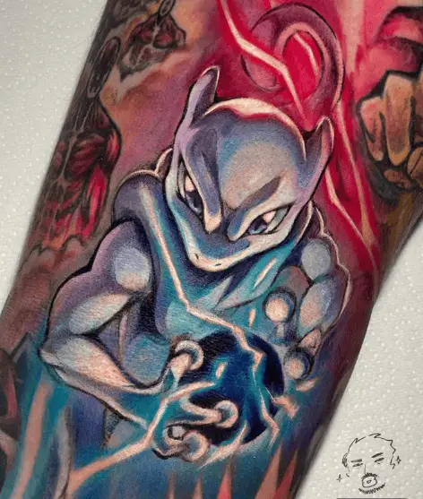 Bright Colored Mewtwo Fighting Tattoo