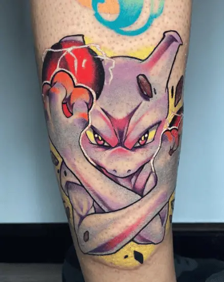 Bright Colored Mewtwo Fighting Tattoo