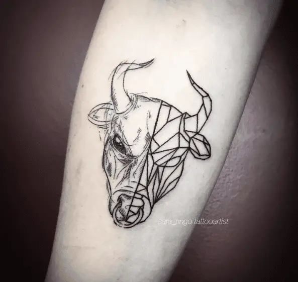 Pencil Line and Geometric Bull Face Tattoo