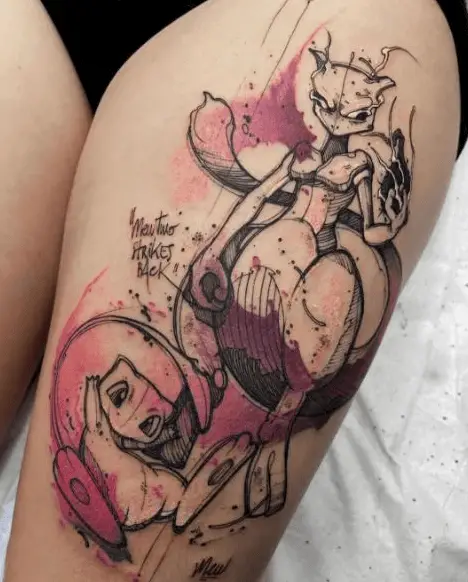 Pencil Sketch Style Mew and Mewtwo Thigh Tattoo