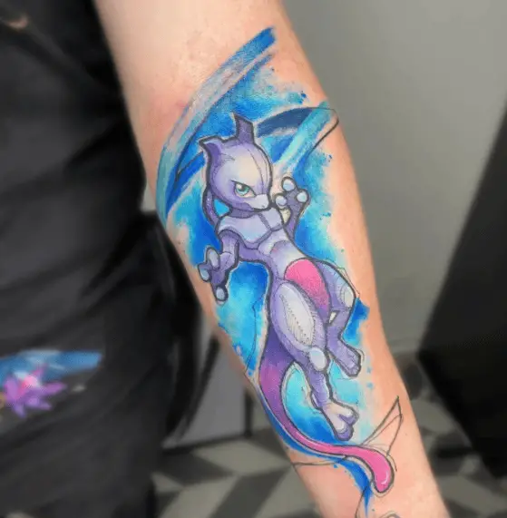 Mewtwo Pokemon Watercolor Tattoo