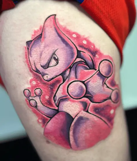 Flashy Colored Mewtwo Fighting Leg Tattoo