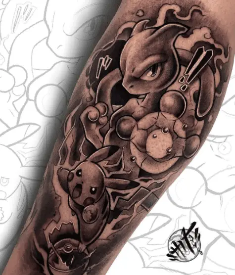 Greyscale Mewtwo and Pikachu Sleeve Tattoo