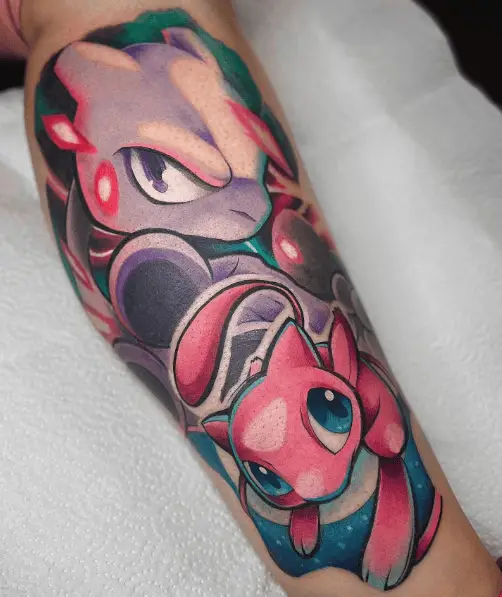 Bright Purple and Pink Mewtwo Sleeve Tattoo