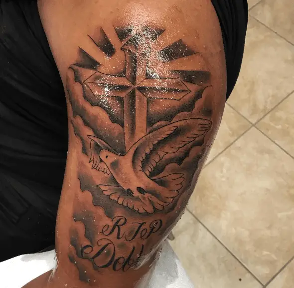 Cross and Dove RIP Arm Tattoo