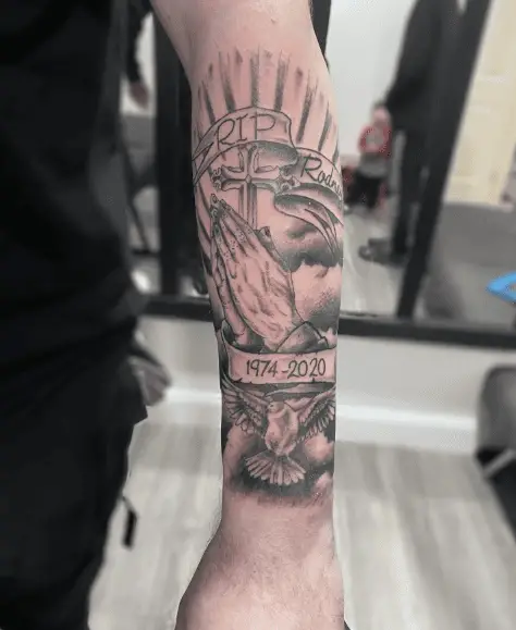 Praying Hands and Dove RIP Forearm Tattoo