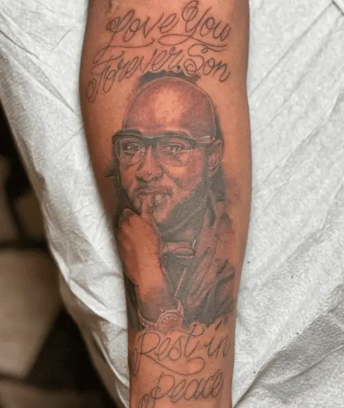 RIP Portrait with Lettering Tattoo