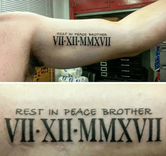 RIP Brother with Roman Numbers Date Tattoo