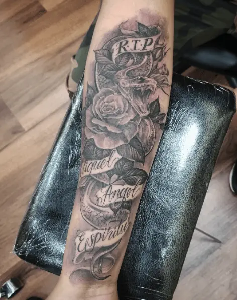 Snake and Floral RIP Forearm Tattoo