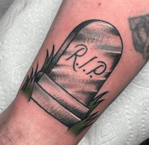 Greyscale Tombstone with Green Grass Tattoo