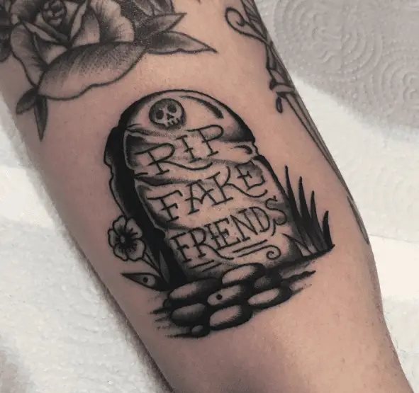 Grey RIP Fake Friends Tombstone Tattoo