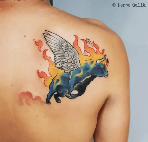 Cartoon Bull with Wings and Flames Tattoo