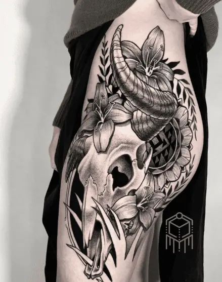 Bull Skull with Florals Leg to Thigh Tattoo