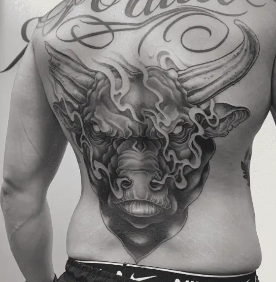 Greyish Bull Head Back Tattoo