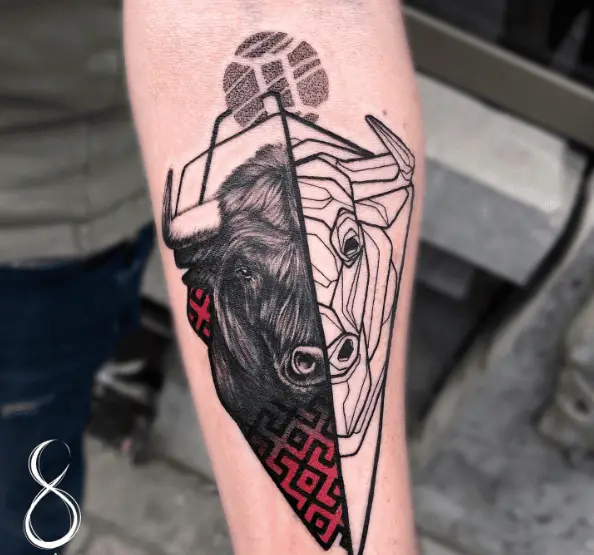 Bull Face Realistic and Lined Tattoo