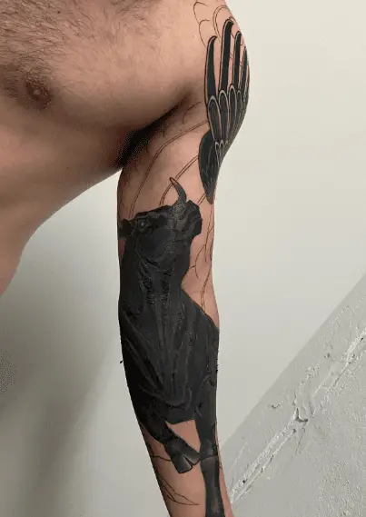 Black Ink Bull Sleeve Tattoo