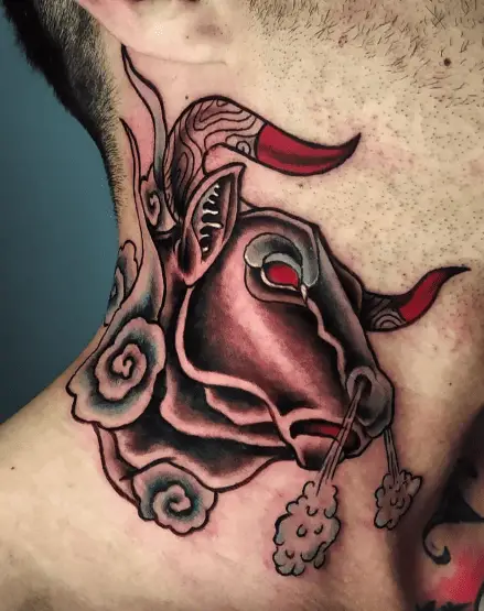 Colored Traditional Bull Neck Tattoo