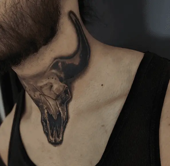Grayscale Bull Skull Neck Tattoo