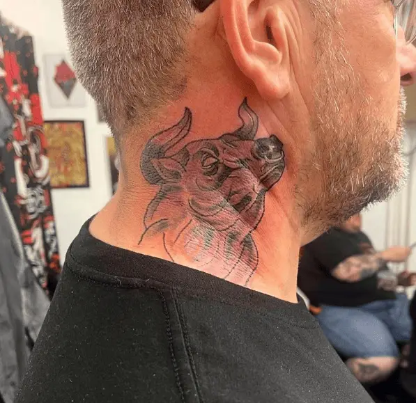 Greyish Bull Face Side Neck Tattoo
