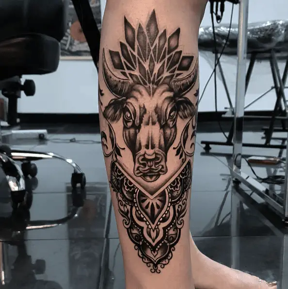 Grey Washed Decorative Bull Face Leg Tattoo