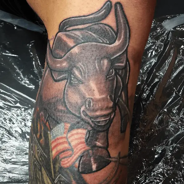 Greyish Bull with US Flag Leg Tattoo