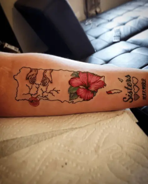 Puerto Rican Map with Hibiscus Tattoo