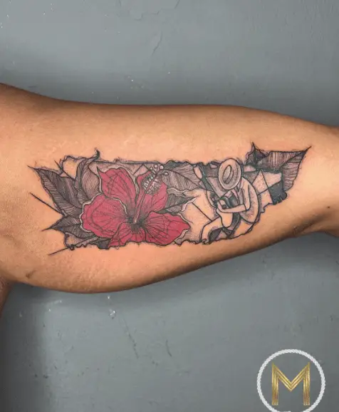 Leaves and Hibiscus Puerto Rican Map Tattoo