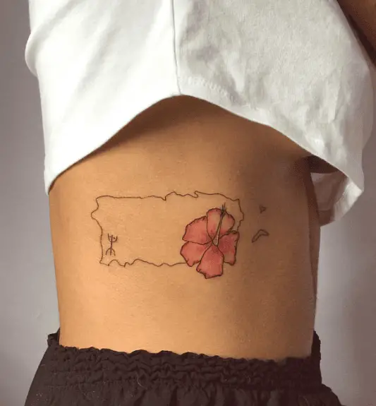 Puerto Rican Map with Hibiscus Flower Rib Tattoo
