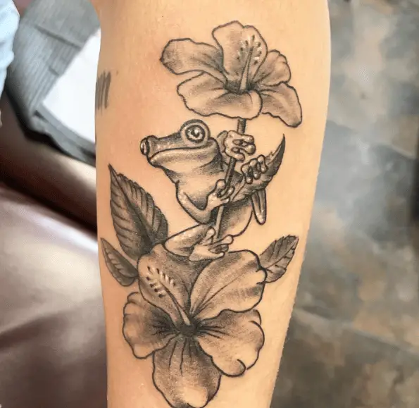 Sketch Style Frog with Hibiscus Plant Tattoo