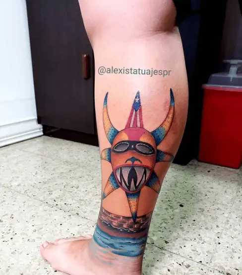 Puerto Rican Vejigante Mask Leg Tattoo