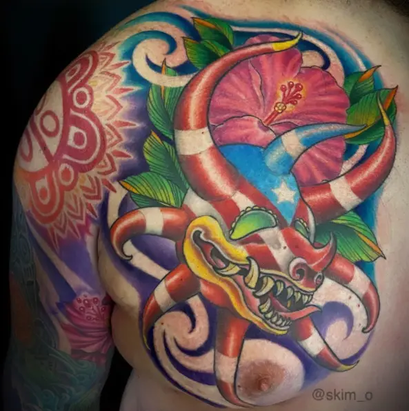 White and Red Vejigante Mask with Hibiscus Tattoo