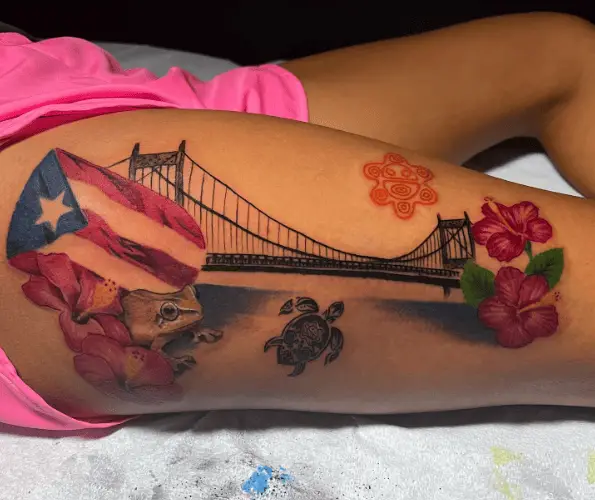 Puerto Rican Themed Thigh Tattoo 