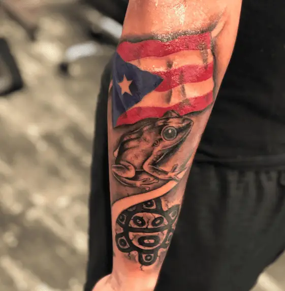 Puerto Rican Flag, Frog and Symbol Tattoo