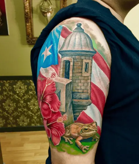 Puerto Rican Flag, Castle, Frog and Hibiscus Arm Tattoo