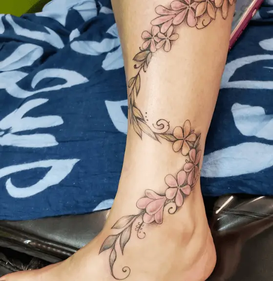 Pink Plumeria Lei Ankle Tattoo