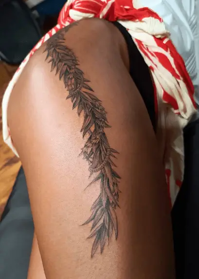 Leaves Hawaiian Lei Thigh Tattoo