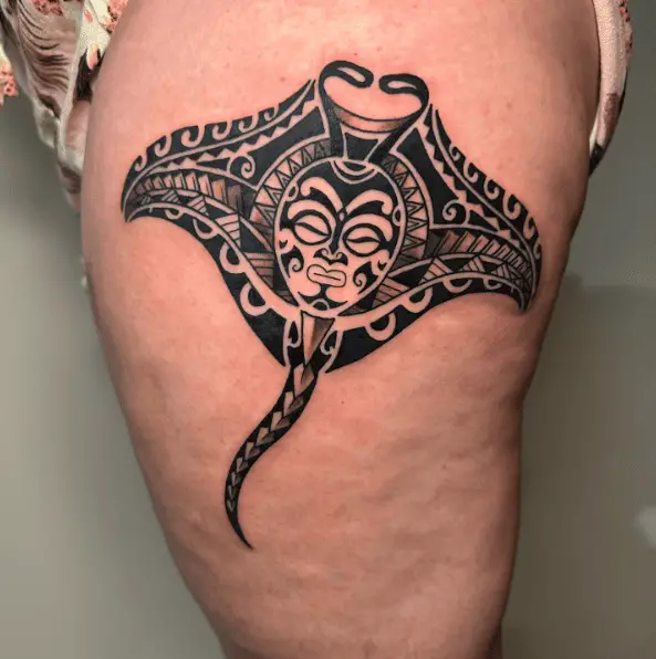 Polynesian Styled Manta Ray Thigh Tattoo