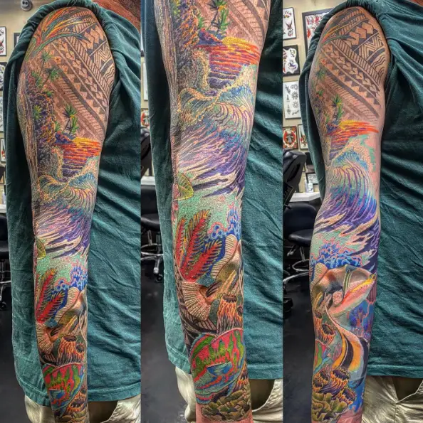 Colorful Hawaiian Themed Full Sleeve Tattoo