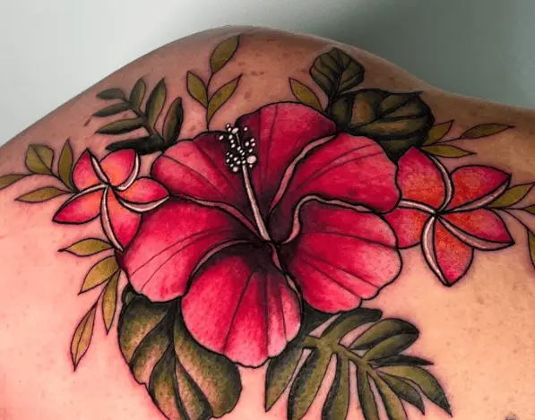 Pink and Green Hibiscus Flower Tattoo
