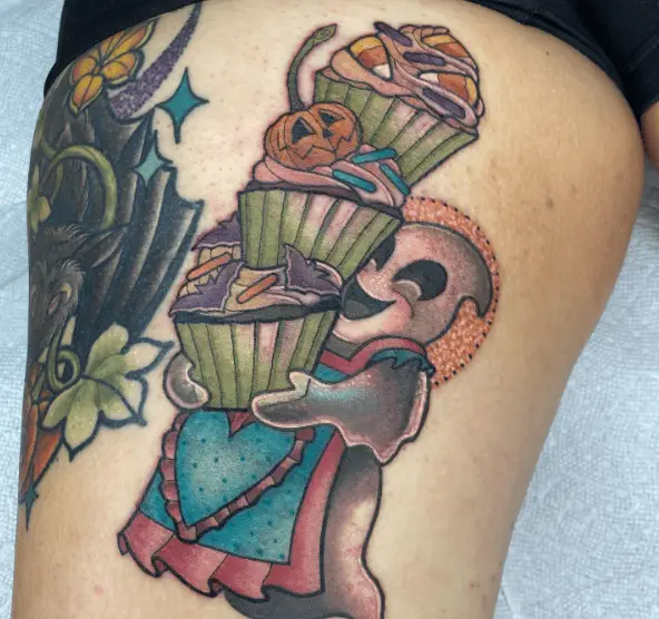 Ghost Carrying Haunting Cupcakes Tattoo